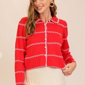 NEW Red Pearl Button-Up Cardigan with White Trim Detailing - size MEDIUM